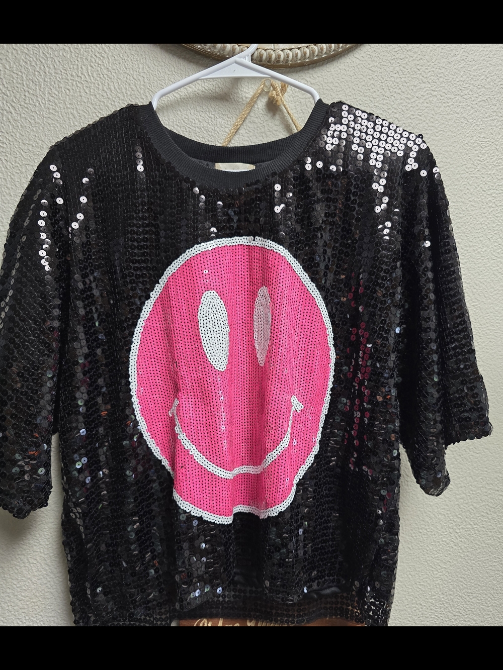 Altar'd State Black Sequin Tunic with Pink Smiley